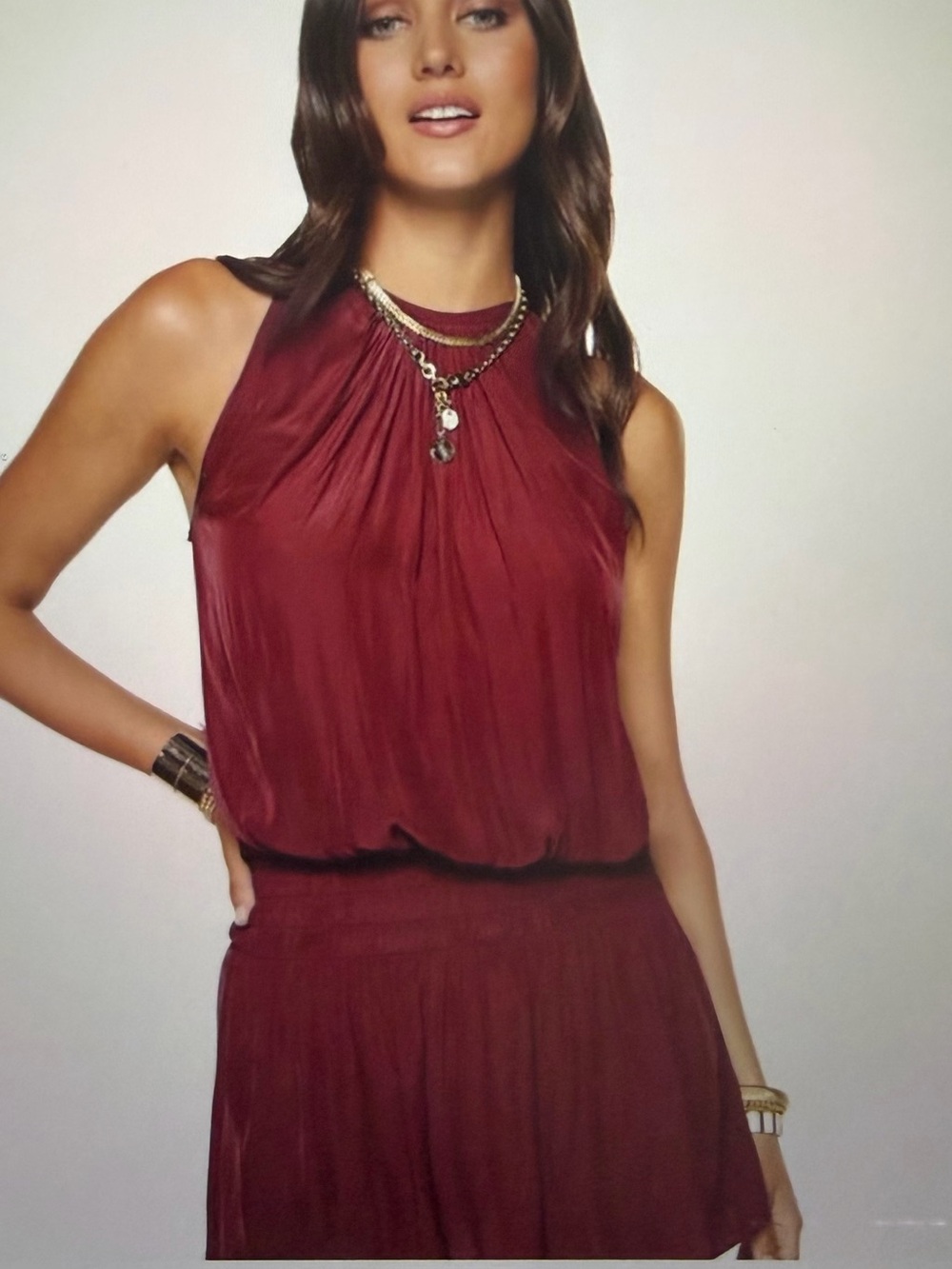 Ramy Brook Burgundy Halter Neck Pleated Dress